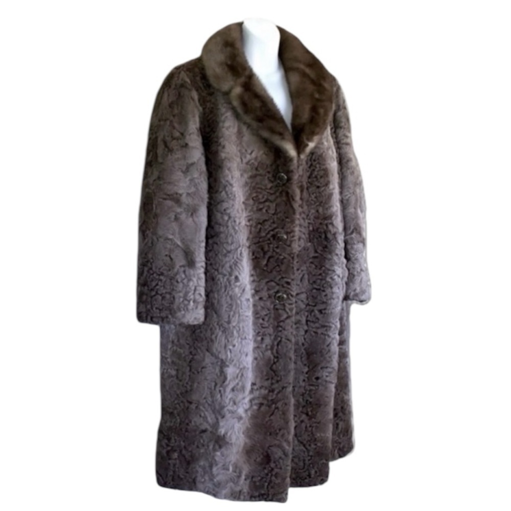 Genuine Persian Curly Lamb Fur Coat,, mink collar ombre brown/taupe. EUC VTG XL